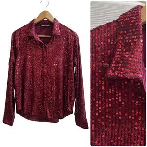 Lucky Brand Sequin Semi Sheer Long Sleeve Hidden Button Closure Top Small